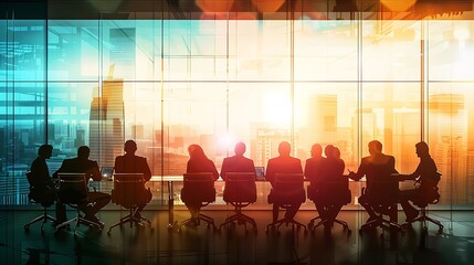 Strategic Meeting Silhouette: A group of businesspeople are silhouetted against a vibrant cityscape sunset, engaged in a serious meeting, conveying themes of strategy, collaboration, and ambition.