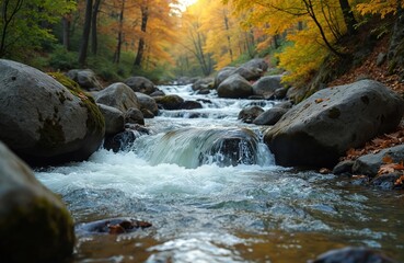 Vibrant autumn forest landscape features flowing river with clear water cascading over large stones, boulders. Tall trees with golden yellow, orange leaves line banks, reflecting in water. Sunlight