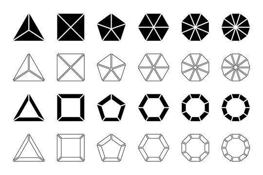 Basic geometric shapes and frames divided into equal parts isolated on white background. Triangle, square and pentagon, hexagon, octagon and decagon forms cut in slices. Vector graphic illustration.