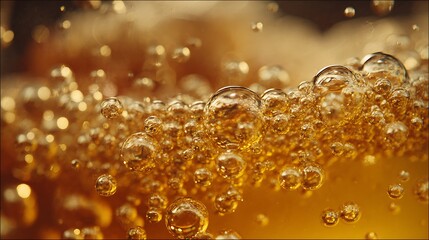 Golden Bubbles: Close-up of amber liquid with rising bubbles, capturing the effervescence and texture of a drink.