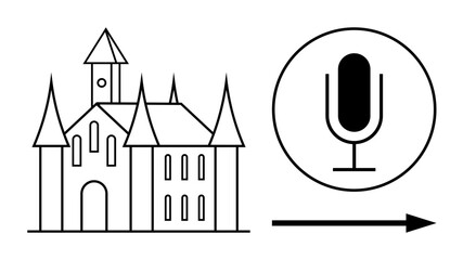 Medieval castle silhouette beside a circular microphone icon and directional arrow. Ideal for storytelling, audio tours, tourism, podcasts, music, history apps, simple landing page