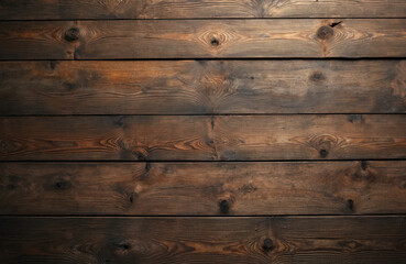 Weathered dark brown wooden planks with visible grain, knots, scratches offer rustic, distressed texture. Aged timber surface displays vintage, grunge aesthetic with subtle stains, uneven patterns,