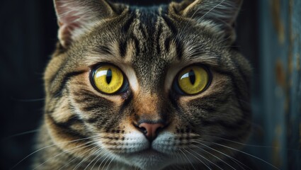 A beautiful tabby cat with striking golden eyes and a focused expression. The cat's big bright yellow eyes are somewhat narrowed, creating an intense look.