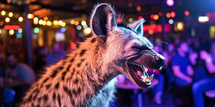 Hyena laughing in comedy club at funny jokes