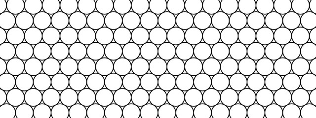 Naklejka premium Repeated round shapes pattern. Black circles on white background. Mosaic holey texture. Wire, fence, fishing net, cage or lattice structure. Abstract geometric print. Vector graphic illustration.
