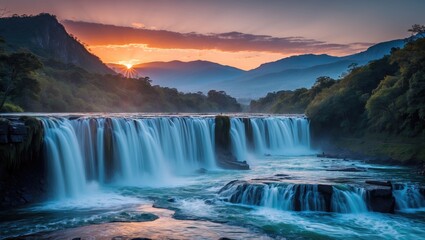 Fototapeta premium Amazing sunrise at the top of waterfall with mountain in the background taken with long shutter speed.