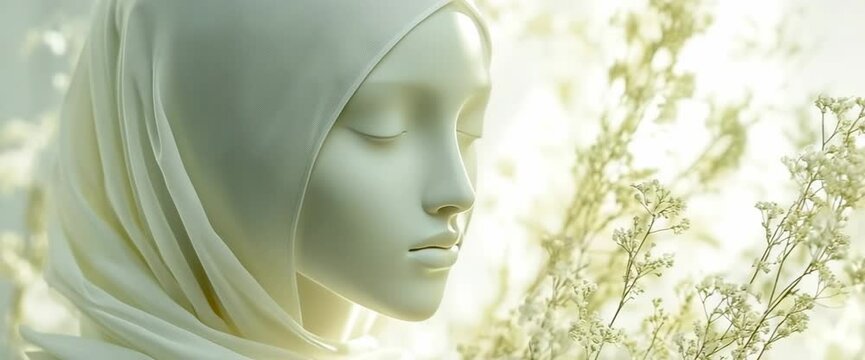 Muslim woman in a hijab. The bride is a maneken in a wedding white festive dress and a hijab. Modesty. Religion of Islam. Wedding and engagement. A woman in a beautiful white dress against a backgroun