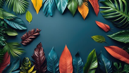 Colorful tropical leaves arranged on background creating a creative layout with space for copy, minimal summer exotic concept, and border design.