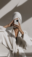 Stylish woman wearing white bathrobe and towel on head taking a selfie with smartphone, highlighting self care, modern beauty routine, and social media influencer lifestyle at home.