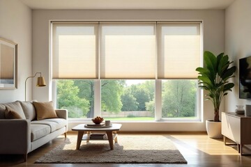 Serene Sunlight Cellular Shades Filter Light in Modern Living Room, Offering Privacy and Tranquil Atmosphere