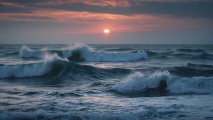 Fototapeta premium A surge of evening waves at sunset over the ocean.