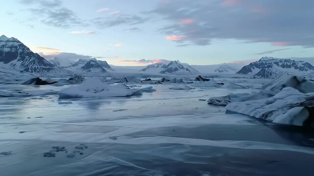 Arctic Landscape with Floating Ice Chunks on Glacier Lagoon Waters Under Blue and Pink Sky
