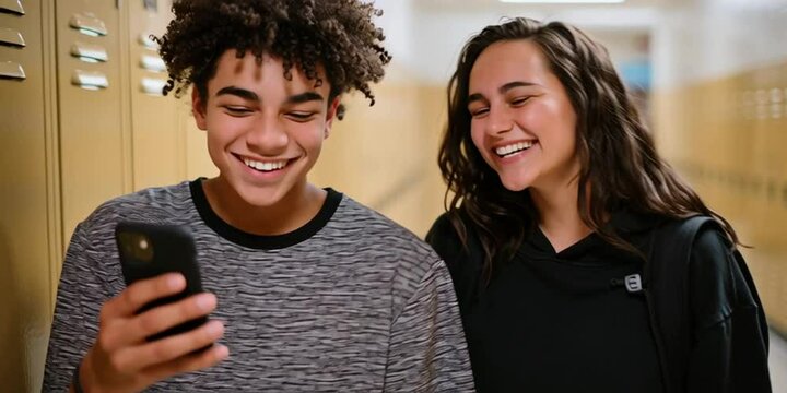 Two friends and classmates laughing about viral smartphone video in the school hallway with their lockers