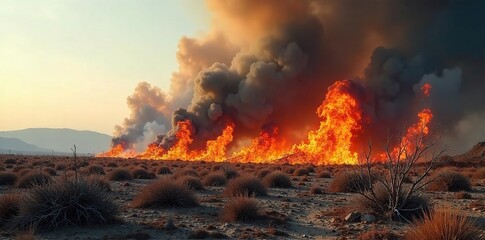 Wildfire Inferno Rages Across Barren Landscape Dramatic Smoke and Flames in a Desolate Setting