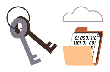 Metal keys alongside binary code on clipboard within a folder under cloud graphic. Ideal for security, encryption, access, technology, data storage, cybersecurity, and cloud concepts. Simple flat