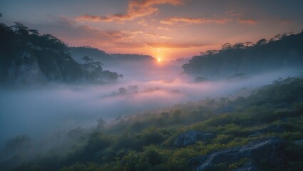 Naklejka premium Beautiful sunrise of a travel destination with morning mist at a national park, featuring empty copy space for text.