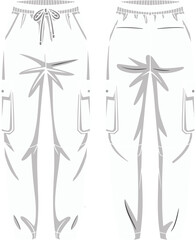 Stylish Cargo Jogger Pants Flat Fashion Technical Drawing, Front and Back Views, Perfect for Streetwear, Casual Wear, and Apparel Design Projects.