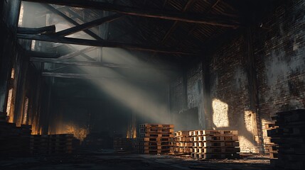 Sunbeams in Abandoned Warehouse: Sunbeams pierce the dust-filled air of an abandoned warehouse, illuminating wooden crates and the aged stone walls.