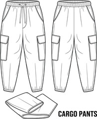 Versatile Cargo Jogger Pants Flat Fashion Sketch, Front and Back Views with Folded Detail, Ideal for Streetwear, Casual Wear, and Apparel Design.
