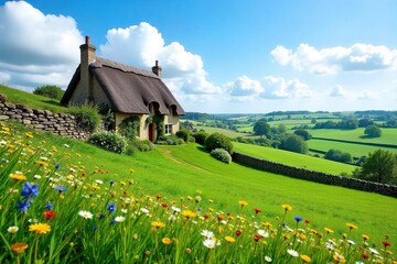 Idyllic English Countryside Thatched Cottage, Rolling Hills, and Wildflowers under a Vibrant Blue Sky