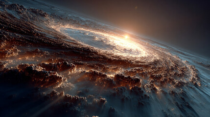 Naklejka premium A solitary planet orbits a vibrant, luminous galaxy in deep space. The cosmic scene features swirling stars, glowing nebulae, and a sense of vast isolation and celestial beauty.