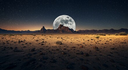 a full moon rises over a desert landscape