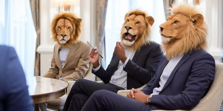 A woman entrepreneur is giving her elevator pitch to a group of wealthy lion investors