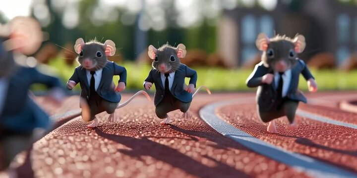 Rat race - a pack of rats wearing business suits running on a track