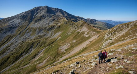 Obraz premium a couple of people walking up a mountain