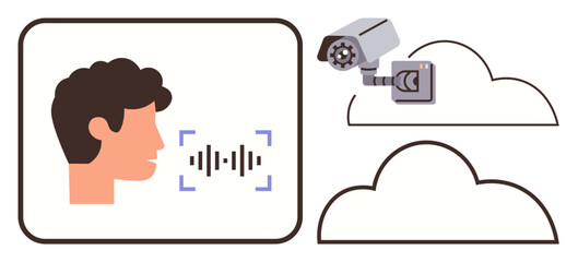 Profile of a person with voice waves, surveillance camera, connected clouds. Ideal for technology, AI, security, privacy concepts, cloud computing, digital communication smart systems simple flat