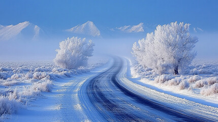 Long desert road disappearing into dense winter fog. Moody and mysterious atmosphere with barren landscape, muted tones, and soft diffused light. Vast solitude and quietness.

