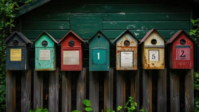 Colorful mailboxes lined up on a wooden fence