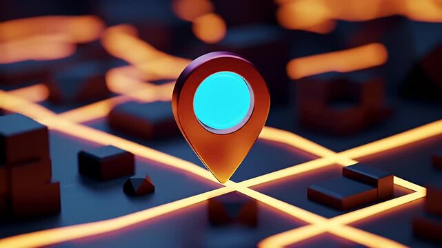 Futuristic Location Symbol with Glowing Neon Lines on Black Map Background