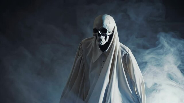 spooky ghost skull face white clothes mist smoke halloween horror fantasy dramatic lighting video
