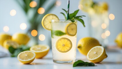 Fototapeta premium Fresh Refreshing Fruit Lemonade In A Glass On White Background