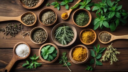 Alternative medicine. Storage of medicinal herbs. Herbs on wooden table background