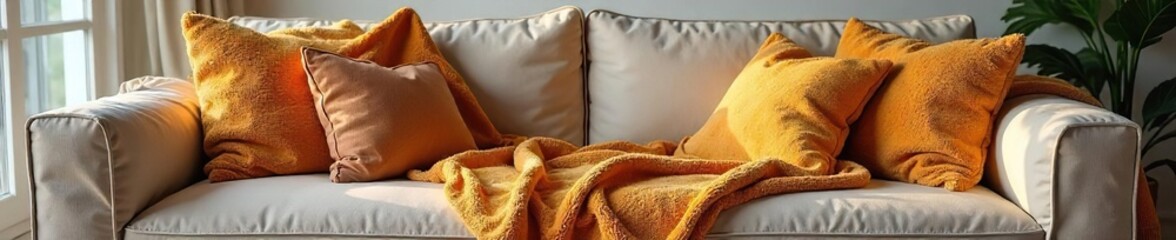 Cozy Oversized Blanket Draped on Sofa, Warm Living Room Interior, Relaxing Home Decor Scene