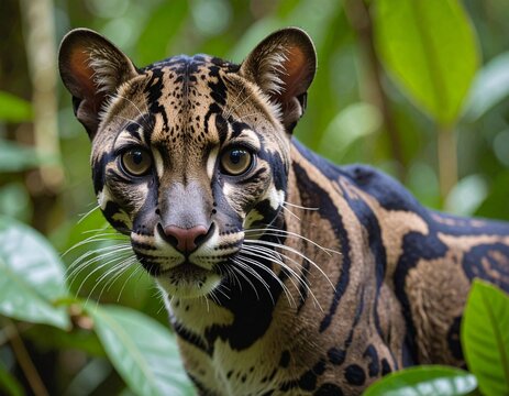 Professional wildlife photo of a rare Bornean clouded leopard staring directly at the camera, dense humid rainforest background