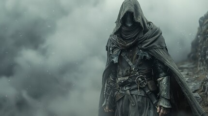 Hooded figure in weathered garb stands against a misty, mountainous backdrop