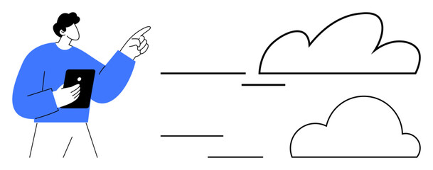 Man holding tablet gestures toward abstract cloud symbols with lines indicating movement. Ideal for cloud computing, technology, innovation, data storage, teamwork, future planning, collaboration