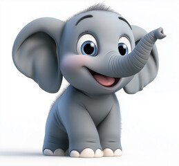 3D cartoon elephant smiling and looking at viewer on white background