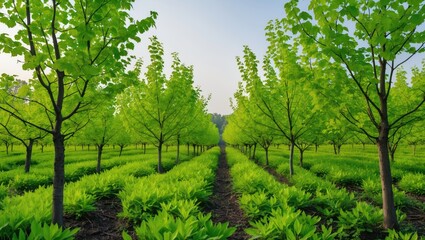 Bright green leaved trees growing in a field with empty space for text.