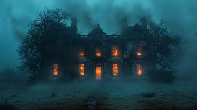 Mansion engulfed in flames, shrouded in eerie fog, silhouetted trees surround the decaying structure