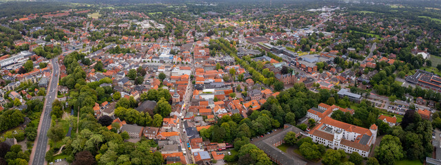 Aerial view of the old town of the city Aurich in Germany on a sunny spring morning