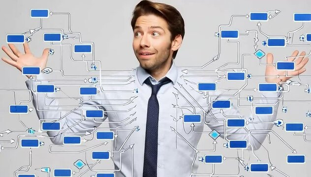 A confused businessman overwhelmed by a complex animated flowchart finds a solution and smiles