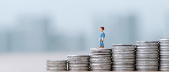 Business growth strategy figurine on stacked coins represents financial success office environment close-up view conceptual imagery