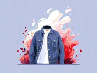 Digital illustration of tie-dye denim jacket pocket with colorful spray-paint mist on blue background.