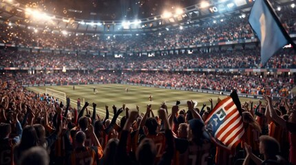Sports fans cheering at stadium, crowd celebrating victory at a live sporting event game day
