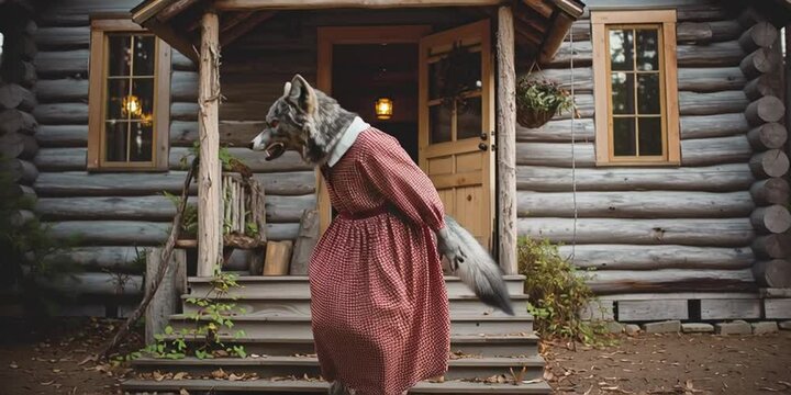 A big bad wolf dressed as grandma standing on the front porch and coming out to greet you