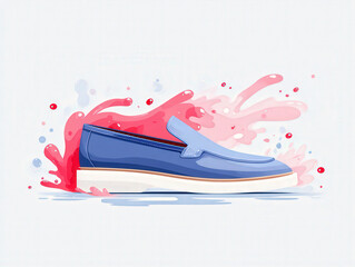 Digital paint splash art of violet velvet loafer surfing magenta paint wave, dynamic motion trail, high contrast.